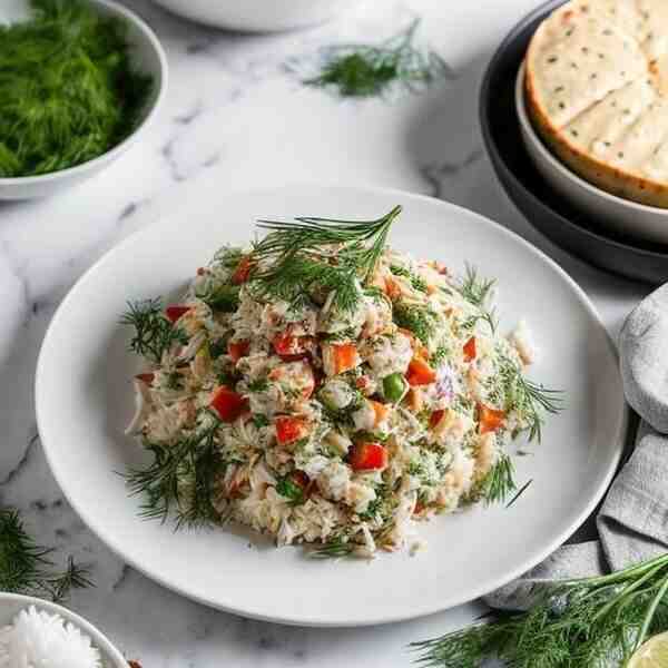 Крабовый салат с рисом и укропом